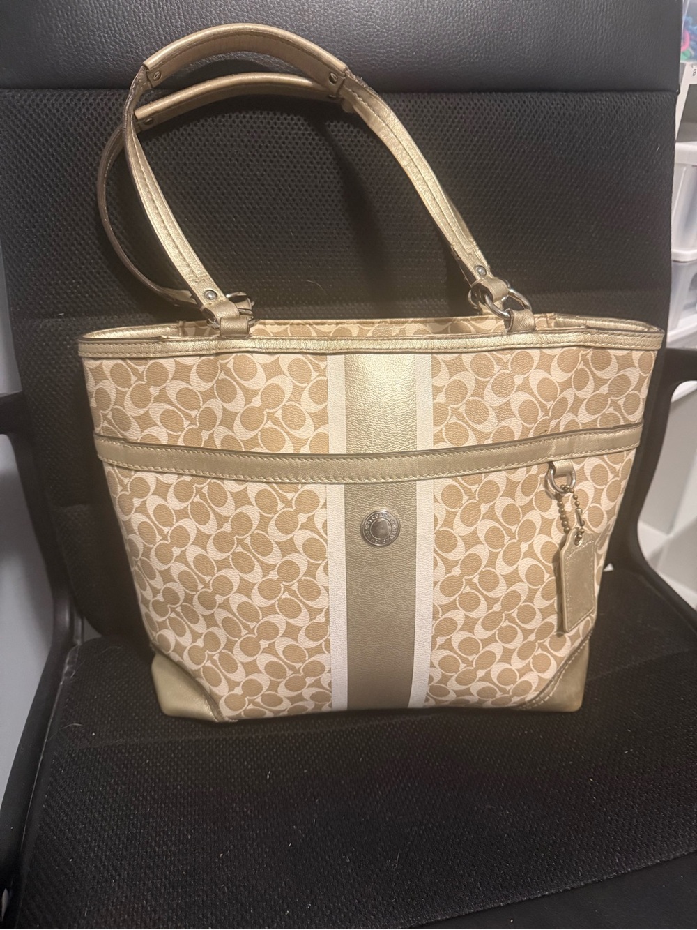 Coach Tan Signature Stripe Tote with Gold Accents